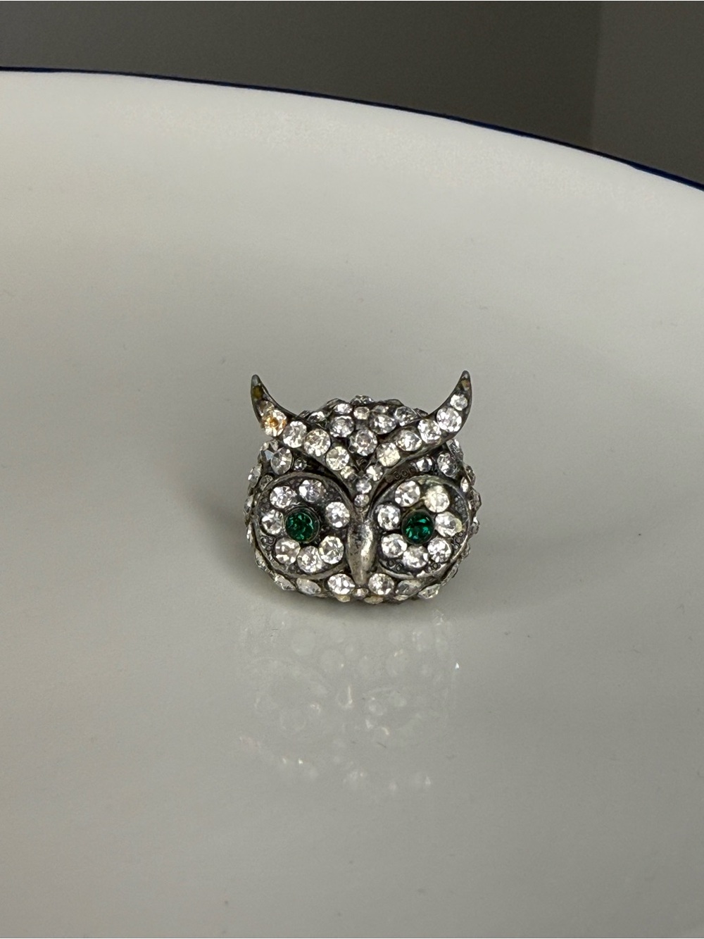 Vintage Rhinestone Owl Statement Ring Green Eyes Silver Tone